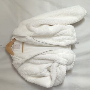 So White Faux Fur Hoodie Bomber Jacket Sz XS Or S Pockets Zip Up
